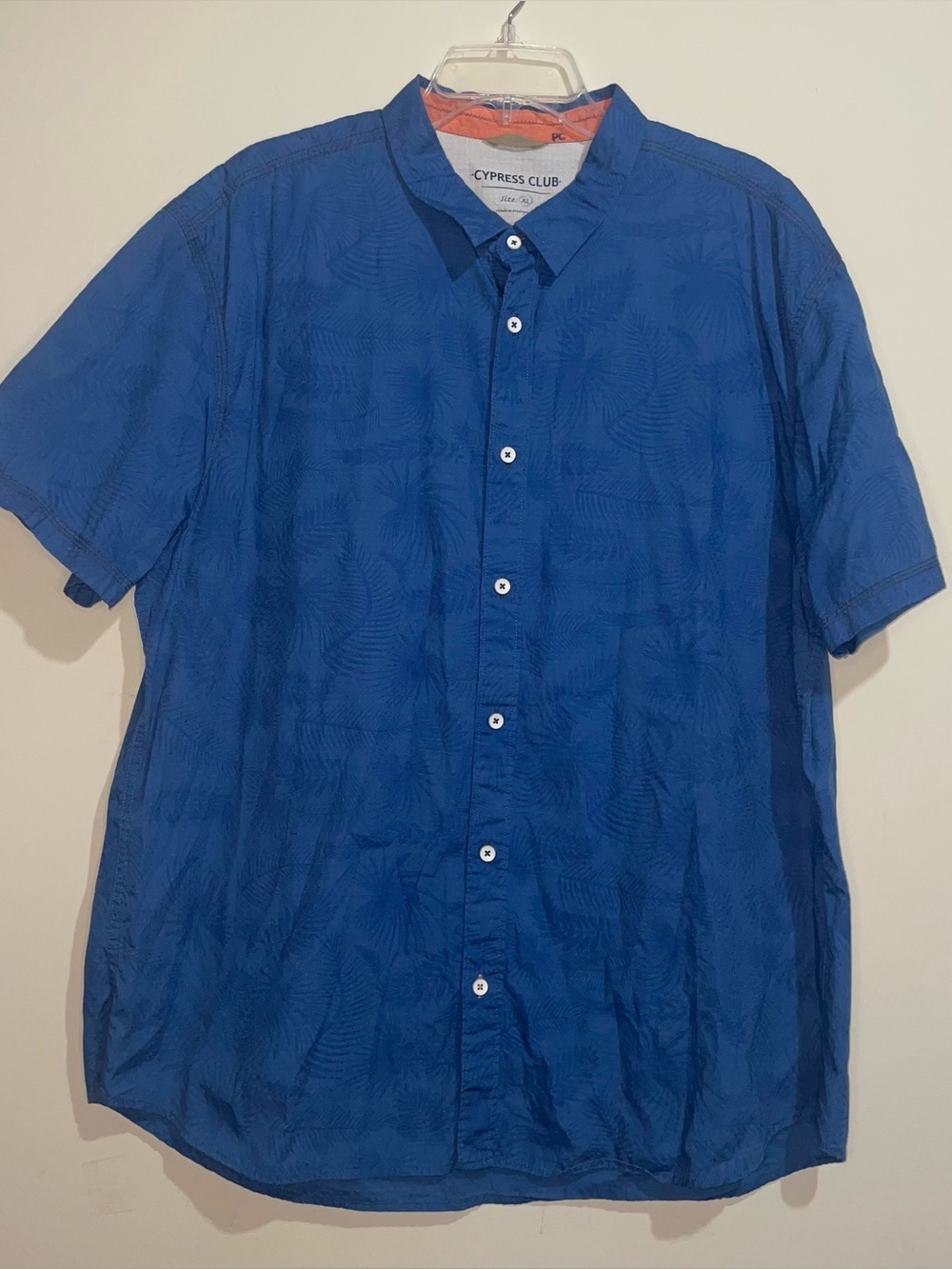 Cypress Club Deep Blue Subtle Palm Tree Pattern XL Short Sleeve Cotton Button Up
